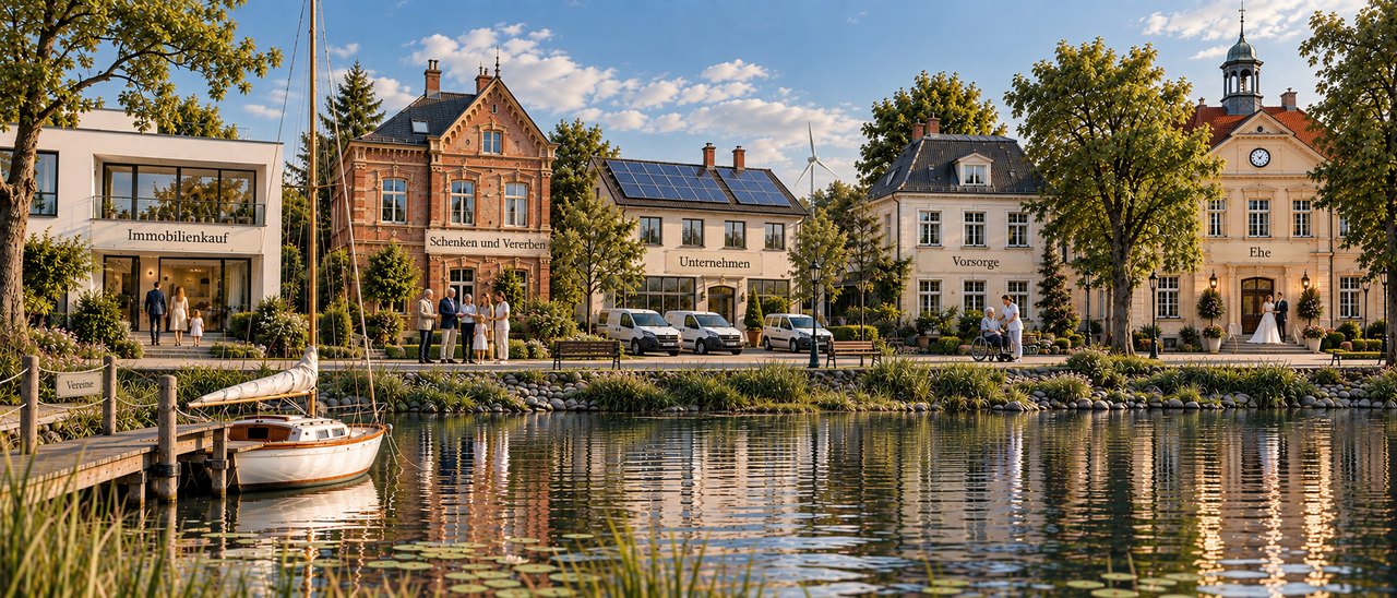 Häuserzeile am Wasser mit den Bereichen Immobilienkauf, Schenken und Vererben, Unternehmen, Vorsorge, Ehe und Vereine (Symbolbild, KI-generierte Illustration)